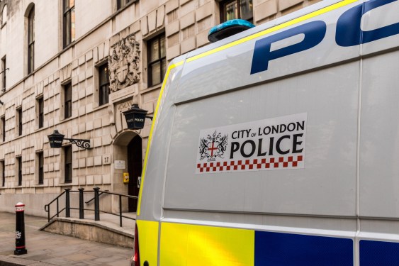 A view of a police van outside the city of London Police station in Wood street