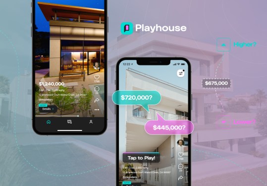 A promo graphic showing a TikTok-like UX with screengrabs of real estate