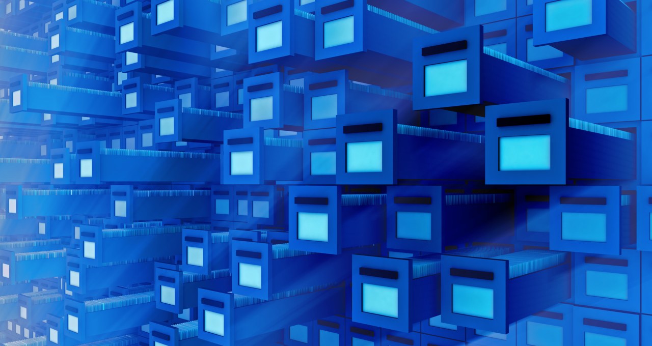 Drawing of various file cabinets opened to symbolize a lot of data.