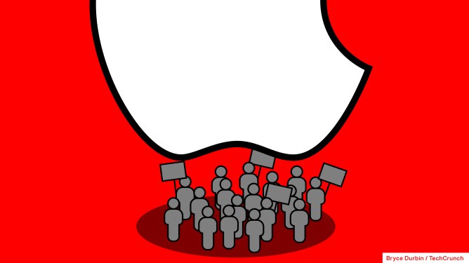 an illustration of an apple logo towering over picketing people