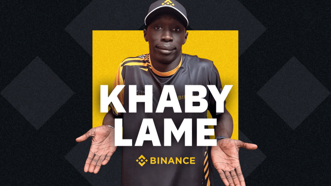 Khaby Lame in his signature pose in a Binance-branded image