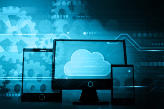 Two monitors on bluish background. Monitor in foreground has a cloud, there are gears in the background. All is meant to illustrate cloud security and operrations.