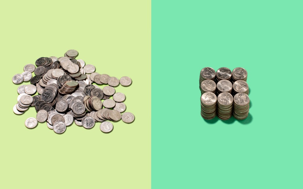 2 piles of 200 US Quarter Dollar coins, one on left, messy on light green, one on right in 9 neat stacks on darker green background; finances in order startup acquisition tips