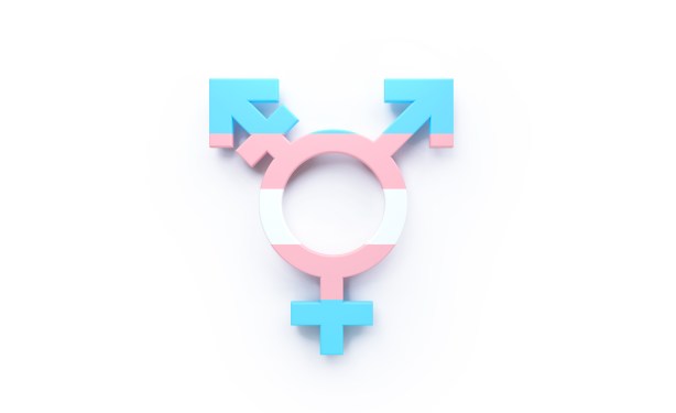 Transgender symbol textured with transgender flag sitting on white background. Horizontal composition with copy space. Directly above. Transgender symbol concept.