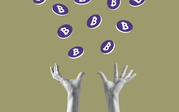 illustration of hands catching bitcoins