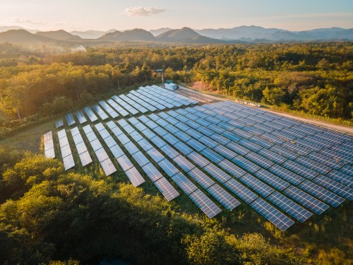 Aerial view of solar power station and solar energy panels