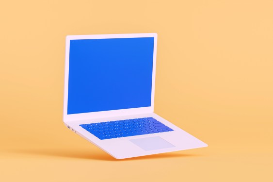 A laptop with a blue display on a yellow background.