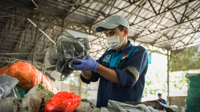 One of Indonesian waste management startup Waste4Change's employees