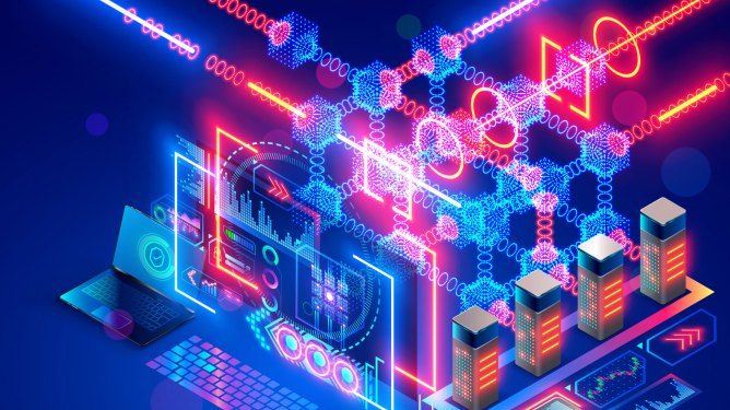 Blockchain technology isometric concept. Computer farm mining cryptocurrency, digital money. Server racks in data center mine crypto currency, process big data consisting of chain of digital blocks.