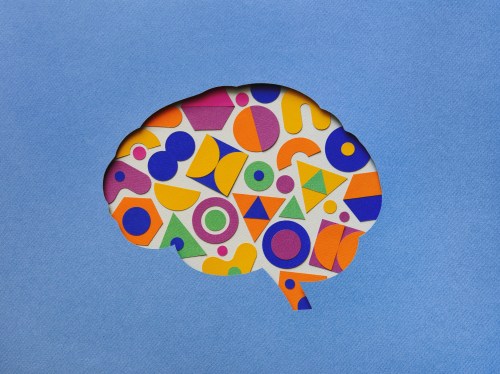 Paper craft illustration of brain filled with multi colored geometric shapes. Creative mind