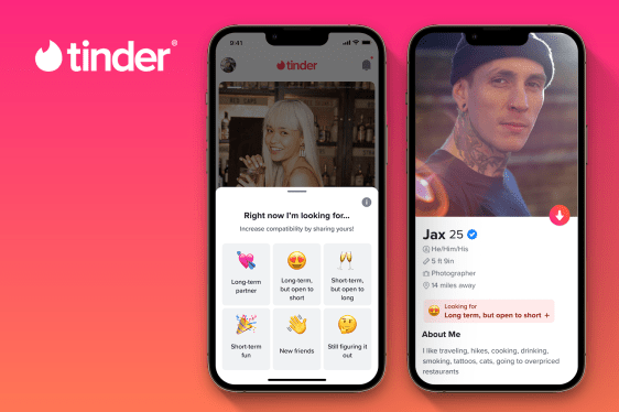 Tinder displayed on 2 smartphone screens