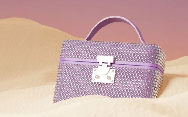 Unearthed treasures thumbnail showing purple glitter bag NFT in the desert sand