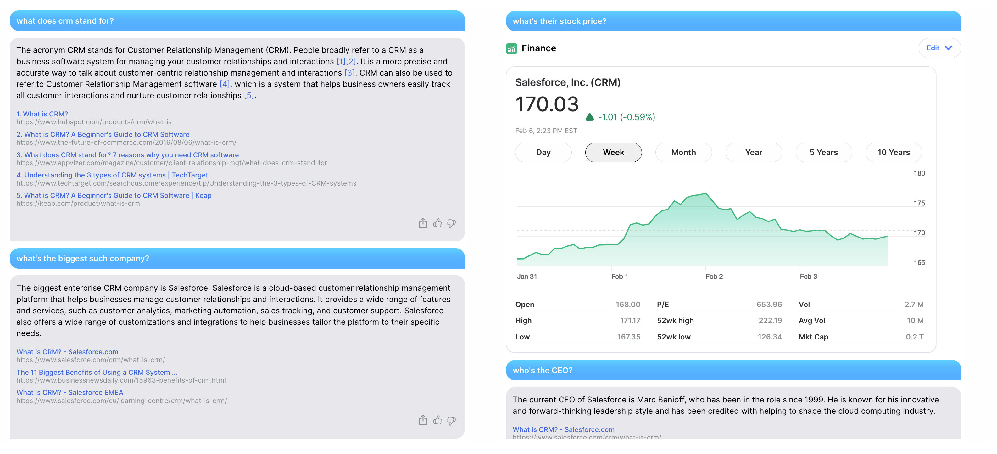 You.com search involving CRM vendors, displaying a stock chart as part of the results.