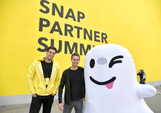 Snap Inc. VP, Product Jacob Andreou (L) and Co-Founder and CEO Evan Spiegel at the Snap Partner Summit