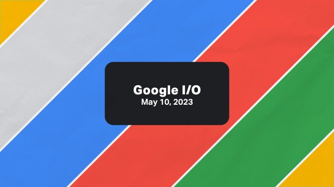 Google I/O 2023. Striped colors (yellow, gray, blue, red, green) in background