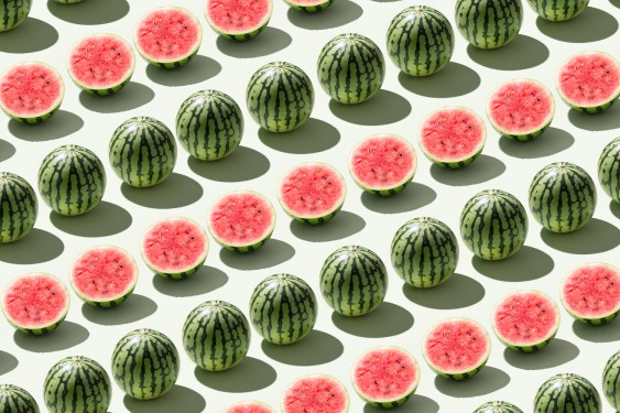 Watermelons Cut in Half and Neatly Arranged in Rows Repetition on Light Green Background High Angle View.