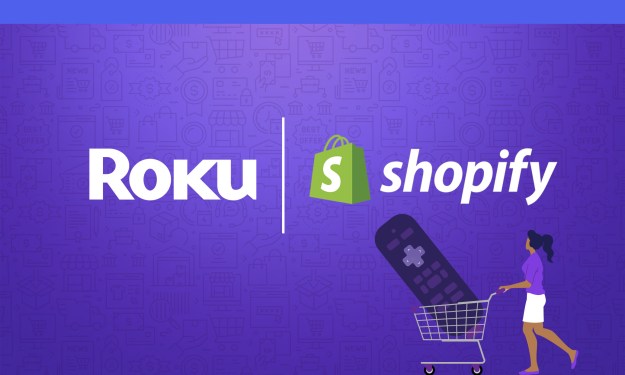 Roku and Shopify text logos, with woman pushing TV remote in a shopping cart