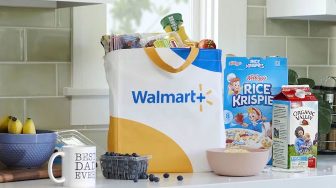 Walmart band and groceries on a kitchen counter