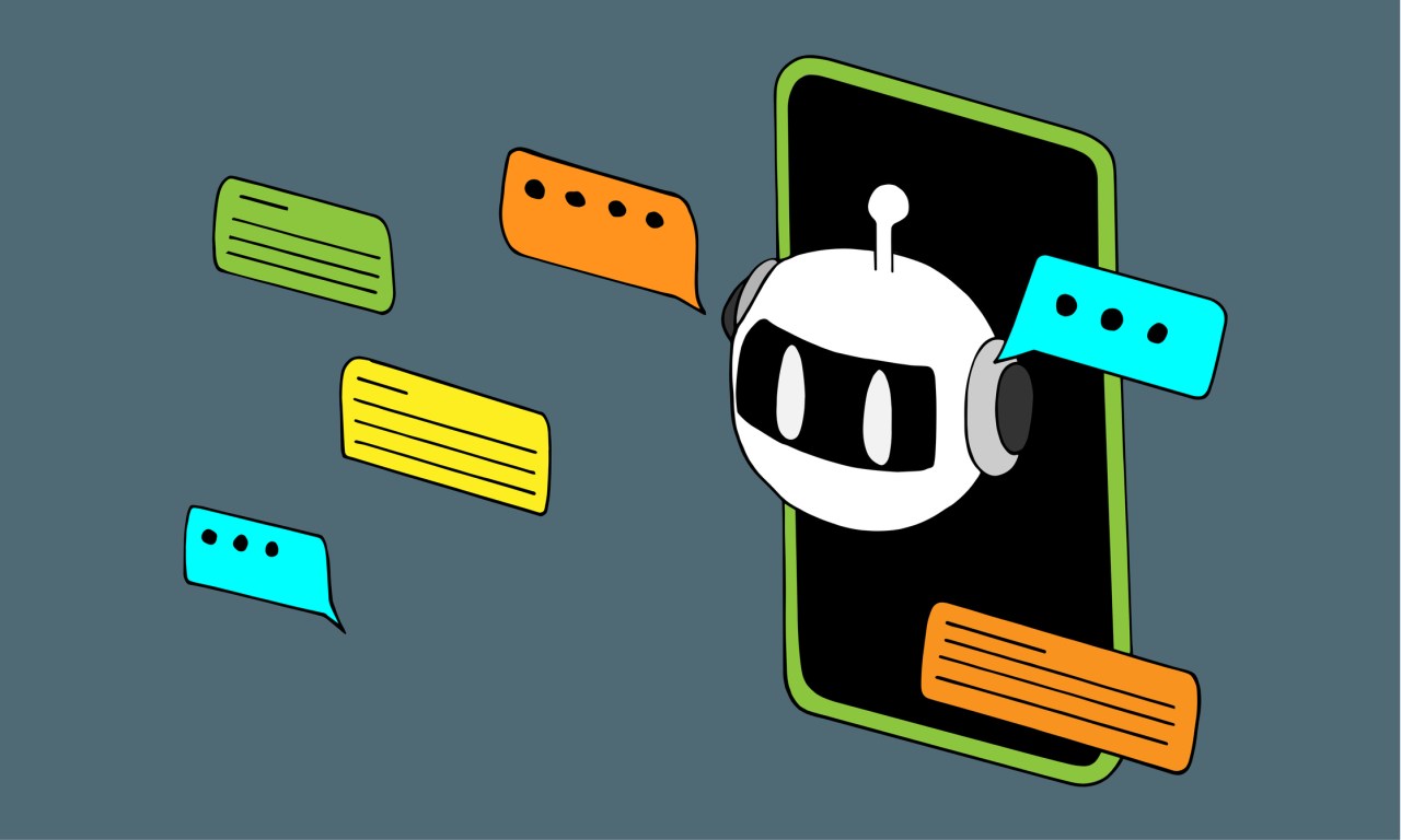 A chat bot looking out of a smart phone with various conversation bubbles around the phone.