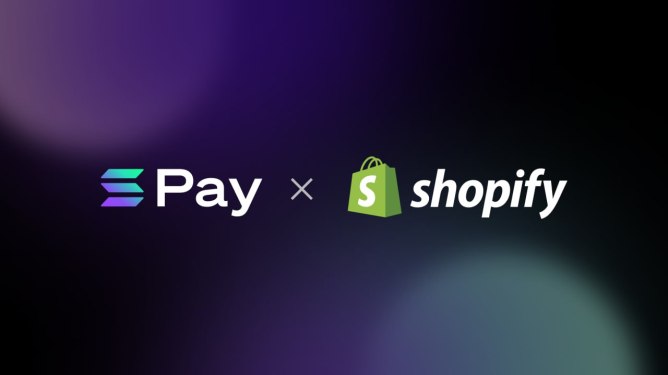 An image of Solana Pay and Shopify's logo combined on a purple and green abstract screen