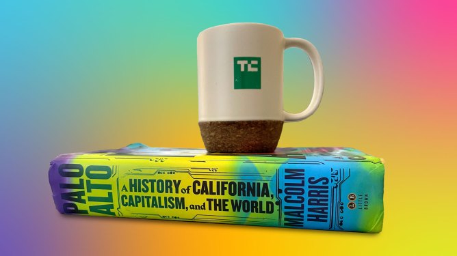 A TechCrunch logo mug atop a hardcover copy of "Palo Alto: A History of California, Capitalism, and the World" by Malcolm Harris against a multicolor gradient background.