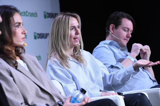 Sophie Bakalar (Collaborative Fund), Nikki Pechet (Homebound) and Chris Power (Hadrian) on stage at TechCrunch Disrupt 2023