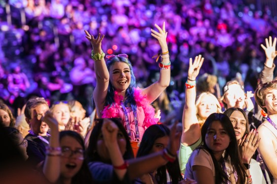 A crowd of TwitchCon attendees cheer facing the stage.