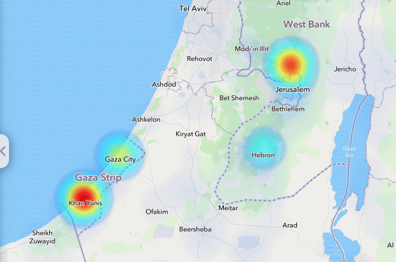 Snap Map showing hotspots in Gaza and Jerusalem.