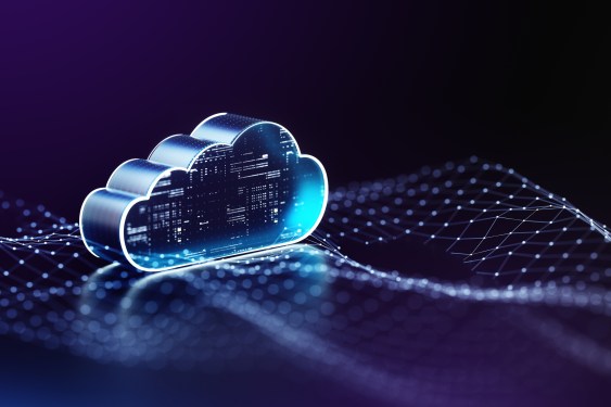 A digital concept image of a data cloud server, showing a transparent cloud shape over a mesh grid