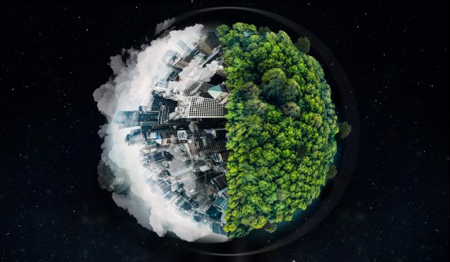 Concept illustration of a globe floating against a black background. One half of the globe is a smoggy city and the other half is a forest of trees.