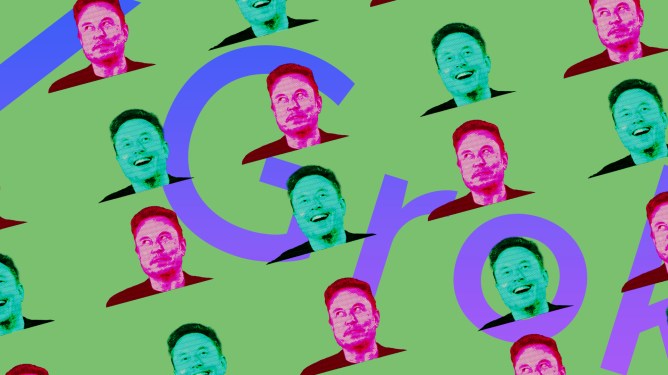 Illustration depicting Elon Musk's face tiled against a background of Grok loo