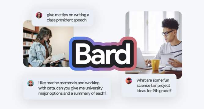 An image of two teens on laptops with inquires displayed for Bard