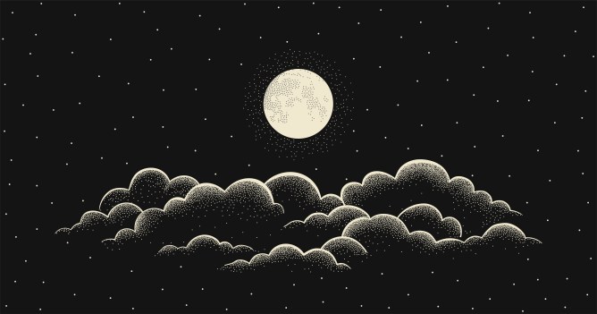 Night starry sky with full moon and cloud. Vector background with cloudy sky, moonlight.