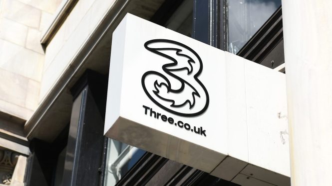 Three 3 Phone store sign on building exterior