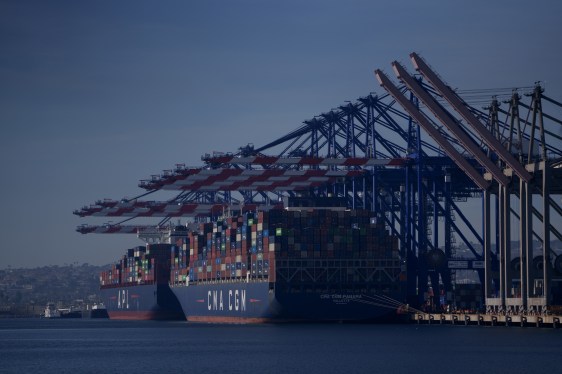 A container ship at the Port of Los Angeles in Los Angeles, California.