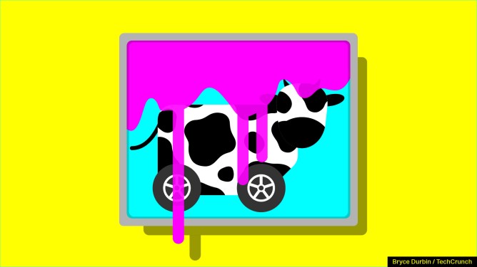 A "poisoned" image of a cow with wheels instead of legs.