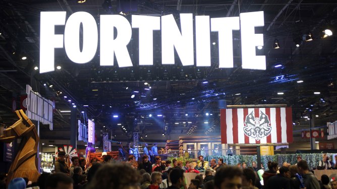 PARIS, FRANCE - OCTOBER 26: The logo of the video game 'Fortnite' developed by Epic Games is displayed during the 'Paris Games Week' on October 26, 2018 in Paris, France. 'Paris Games Week' is an international trade fair for video games and runs from October 26 to 31, 2018. (Photo by Chesnot/Getty Images)