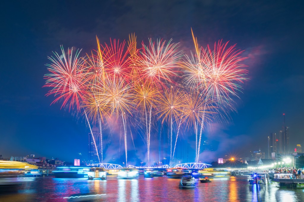 Colorful fireworks going off over a city.