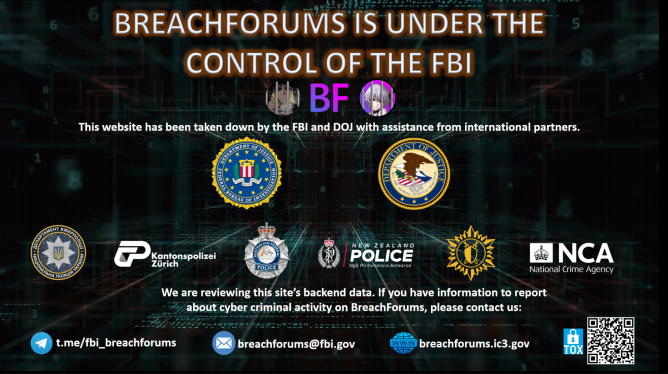 A screenshot of the homepage of the cybrecrime forum Breachforums, after the FBI seized in on May 15, 2024.