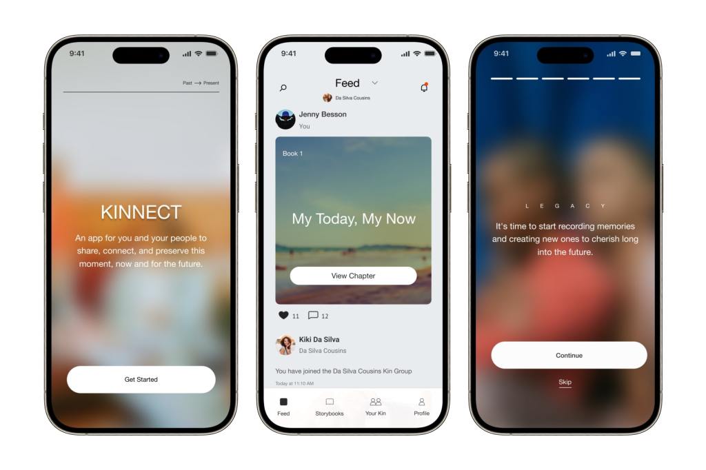 Kinnect app on 3 smartphone screens