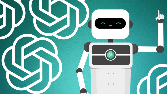 happy robot with Open AI logos in the background