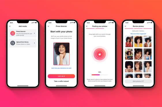 sample Tinder screens on 4 smartphones