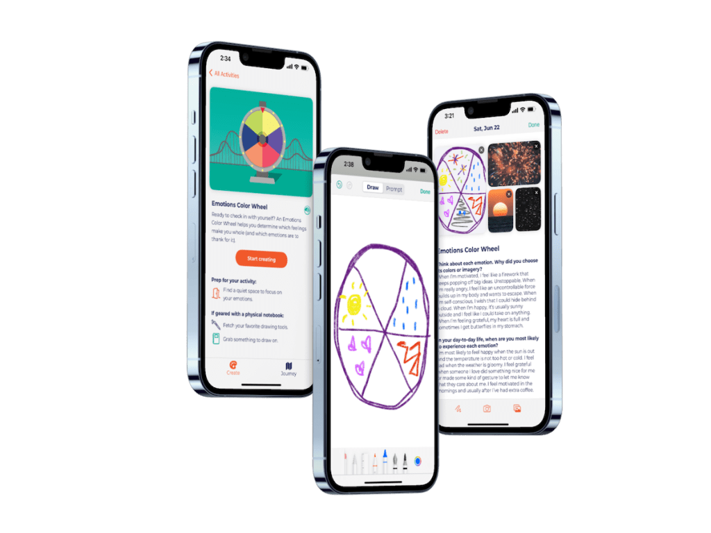 Scribble Journey app displayed on 3 smartphone screens