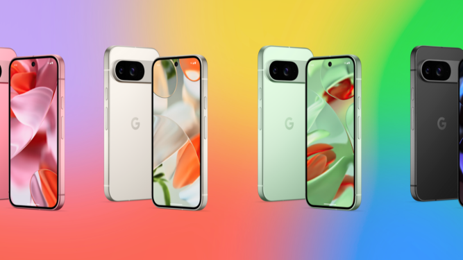 Google's Pixel 9 lineup, with a colorful background illustration