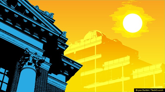 This illustration depicts a sun over university buildings.