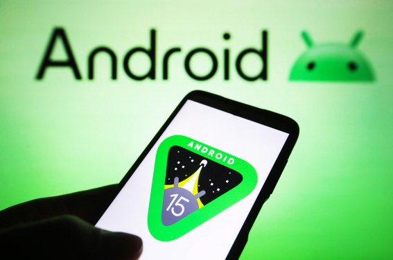 Android 15 logo is seen on a smartphone screen.