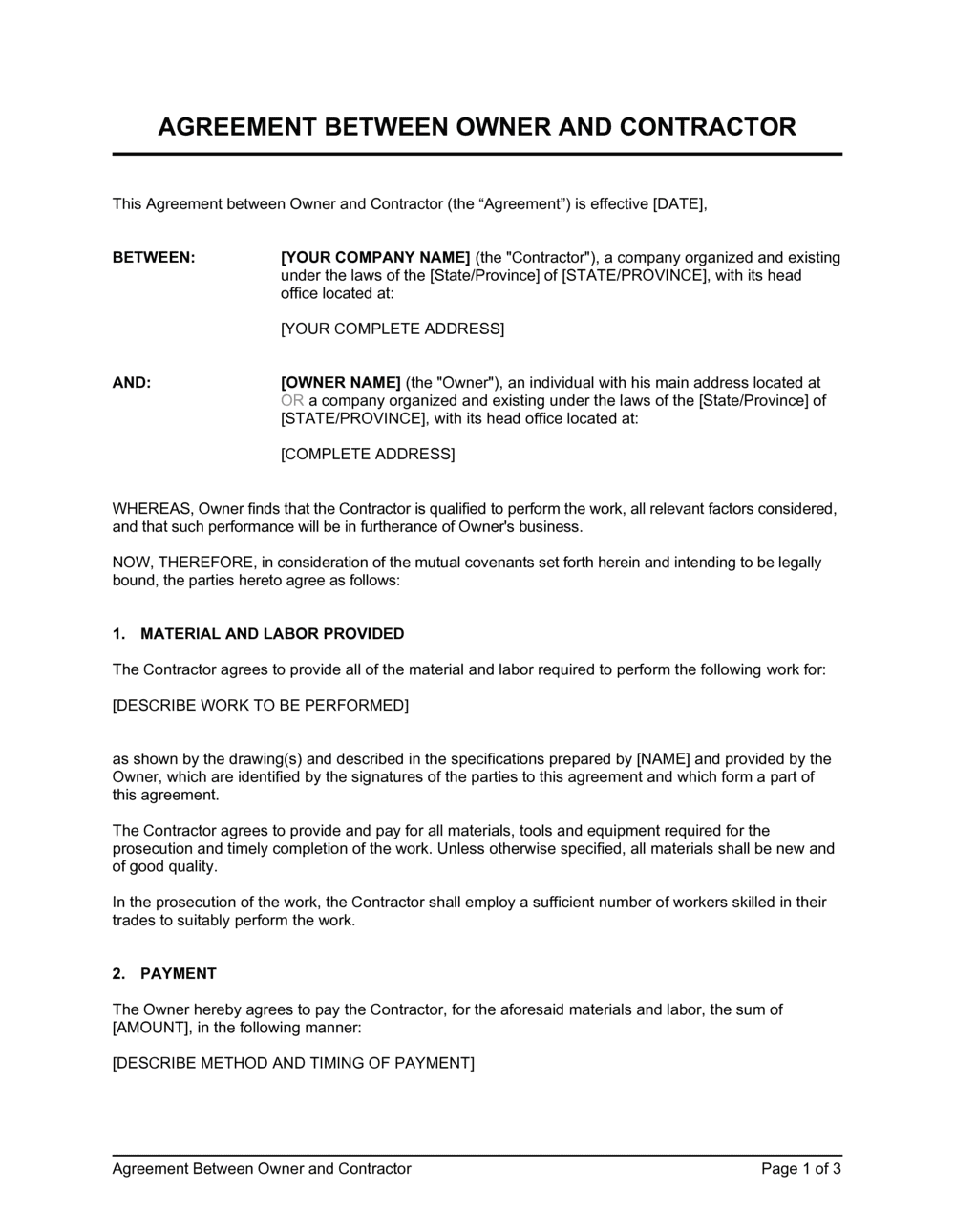 Agreement Between Owner and Contractor Template  by Business-in-a Throughout legal contract between two parties template