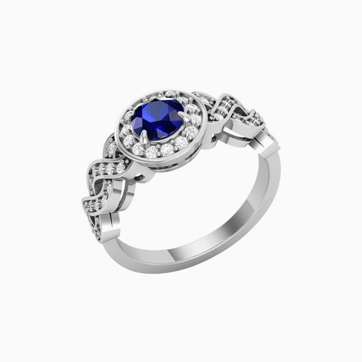 Blue Sapphire On A Twisted Diamond Band