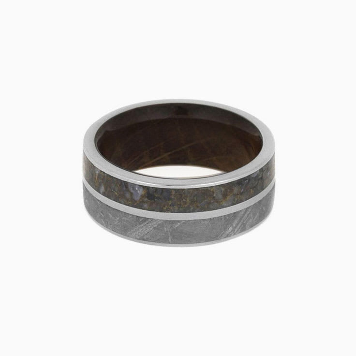 Dino Bone And Mens Wedding Band With Whiskey Barrel Sleeve