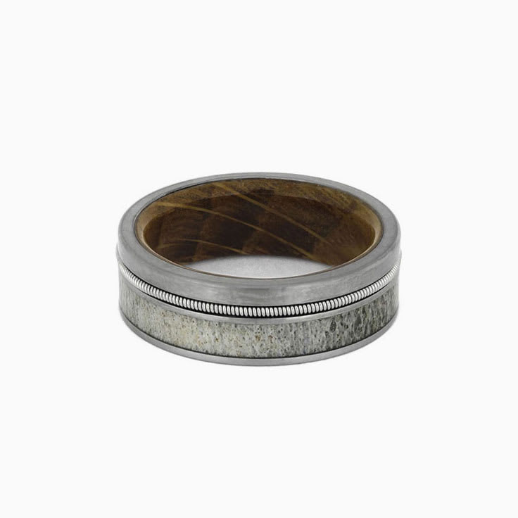 Mens whiskey barrel and Antler guitar string Ring